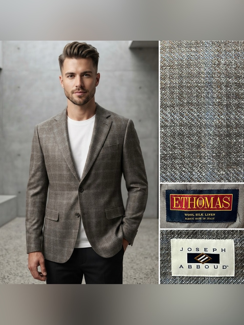 Joseph Abboud 42S Taupe Blue Plaid Wool/Silk/Linen E. Thomas Open Weave Blazer